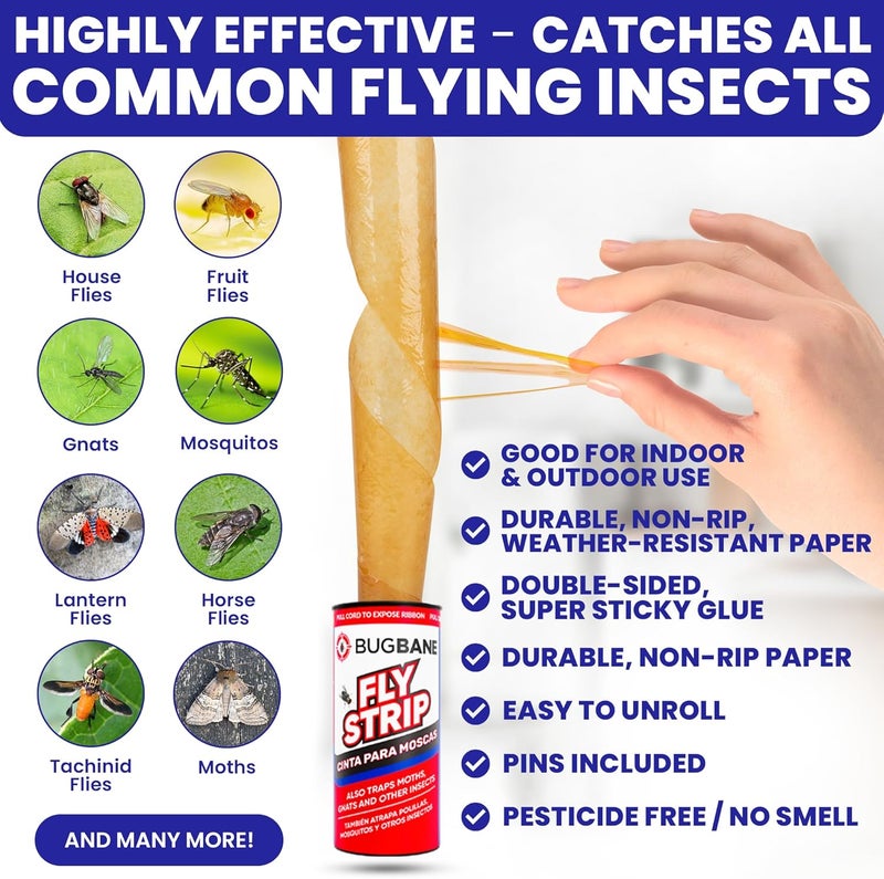 BugBane Fly Strips Indoor Sticky Hanging 24pk with Pins. Non Toxic Outdoor Fly Trap Indoor for Home. Flies Tape Paper Trap Ribbon Roll for House Gnat Fruit and Housefly. Bug Catchers for Inside Home Flypaper - Image 2